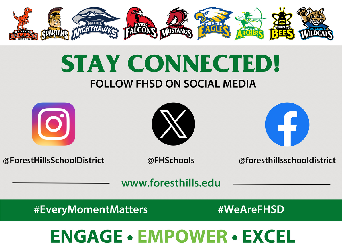 Graphic that says "Stay Connected! Follow FHSD on social media" with school and social media logos
